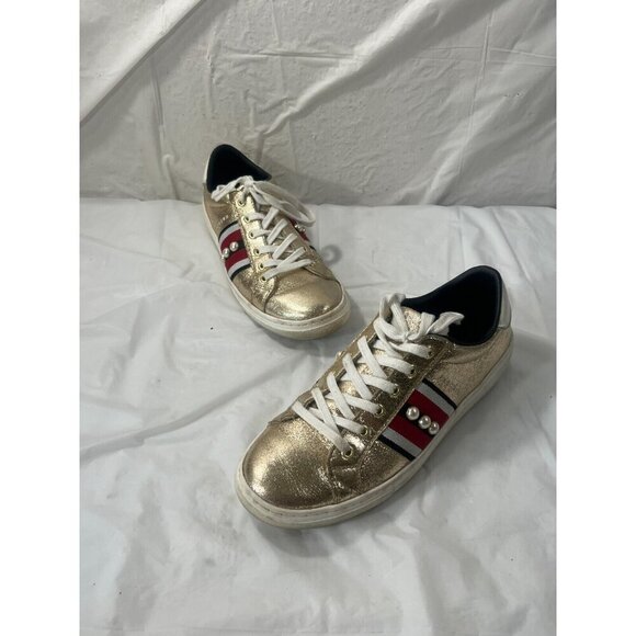 Sketchers Memory Foam Gold with Blk/Wht/Red Stripes with White Gems size 8 - Picture 5 of 12